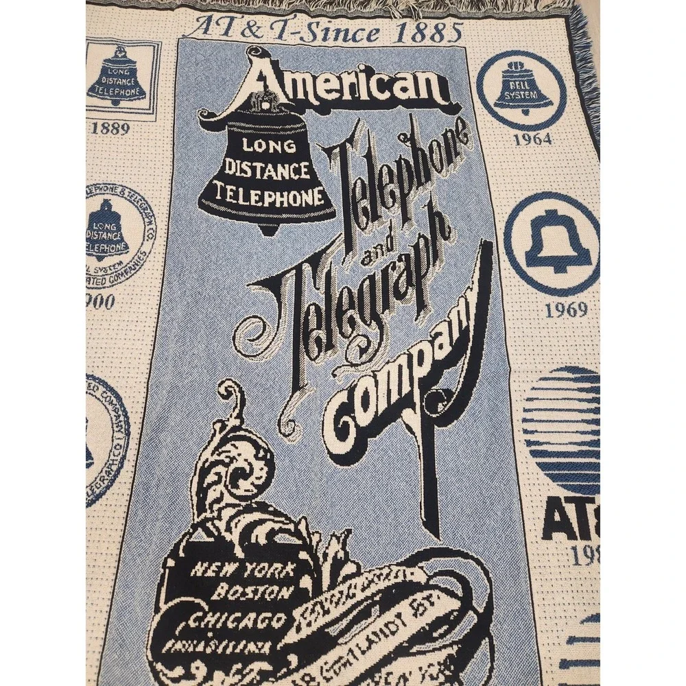 Vintage Tapestry Throw Blanket AT&T Telephone Phone Timeline Blue Cream 70x47" - Picture 3 of 8